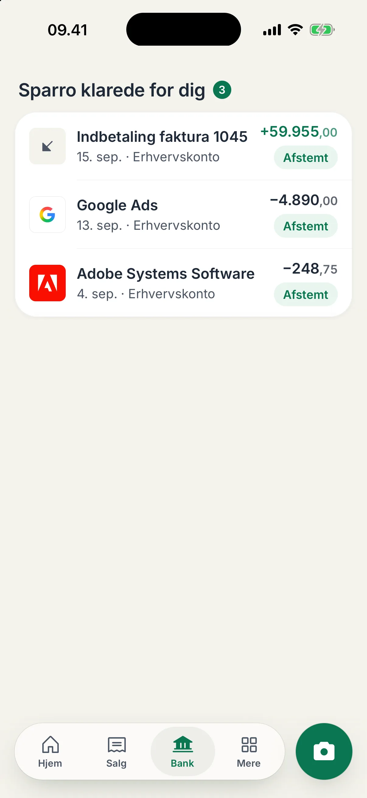 Bank og bilag i Sparro-appen: Sparro klarede for dig, med indbetalingen på faktura 1045 afstemt.